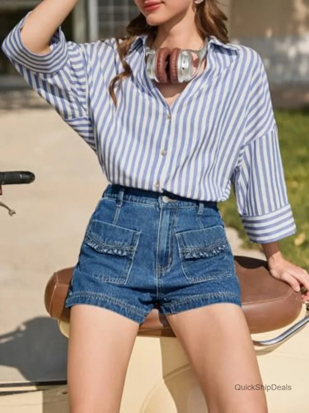 High Waisted Baggy Wide Leg Denim Shorts with Ruffle Front Pockets